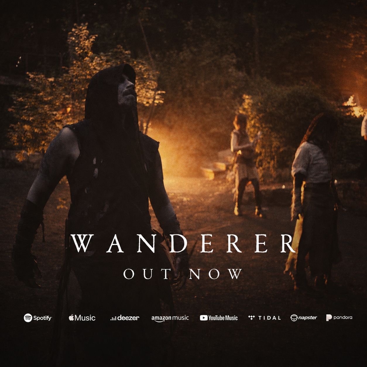 Promotional album cover for Wanderer: a hooded warrior stands by a campfire at night with others in the background; text reads 'WANDERER' and 'OUT NOW'.